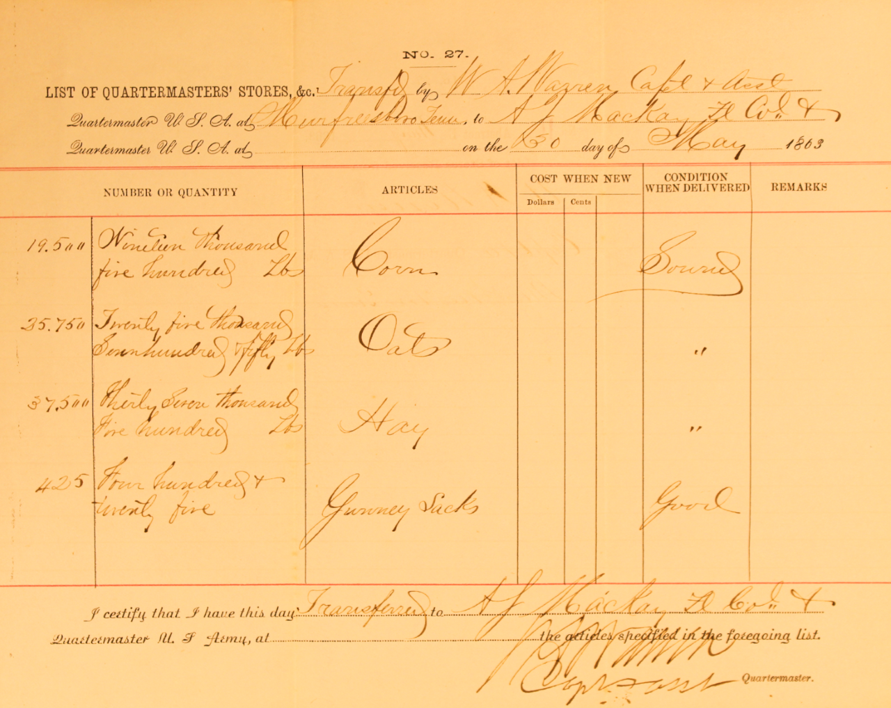 Quartermaster report list food purchased for horses and mules.