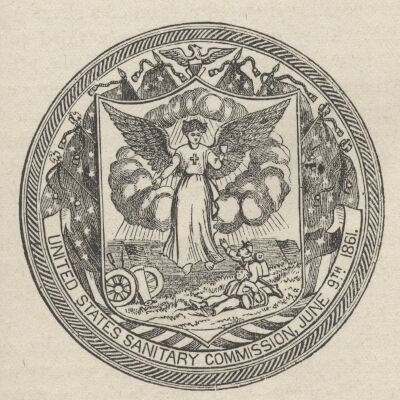 Seal of US Sanitary Commission with a nurse with wings in the center.
