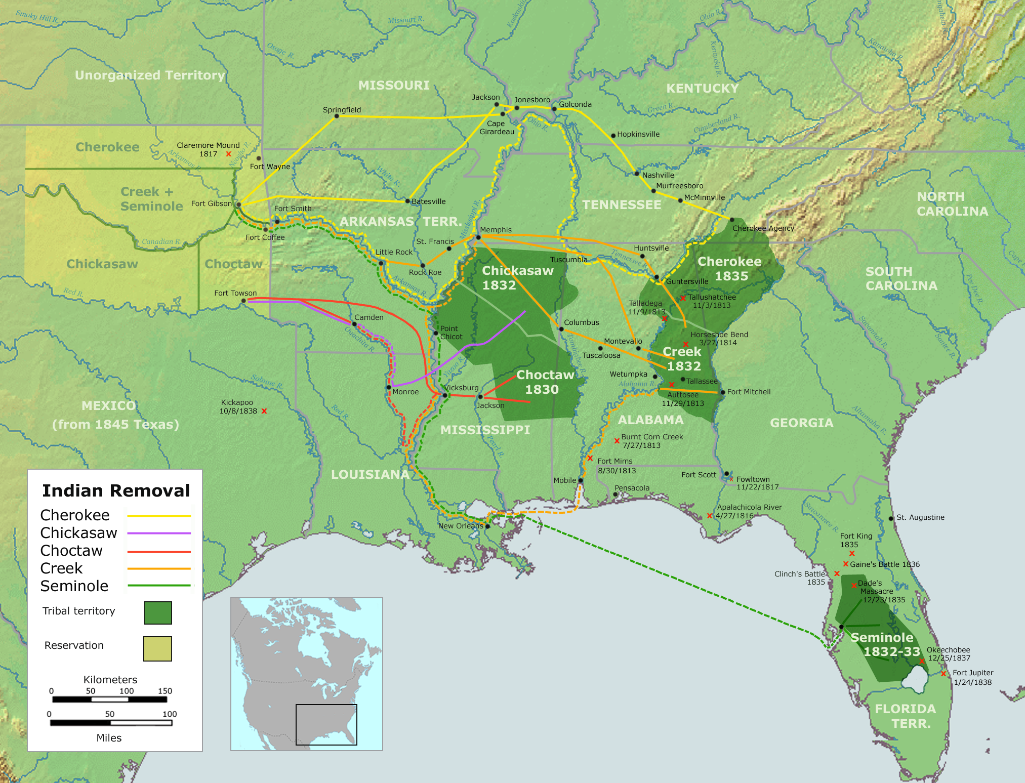 Green map of Ssoutheastern United States showing the route of the Trail of Tears through Murfreesboro and middle Tennnessee.