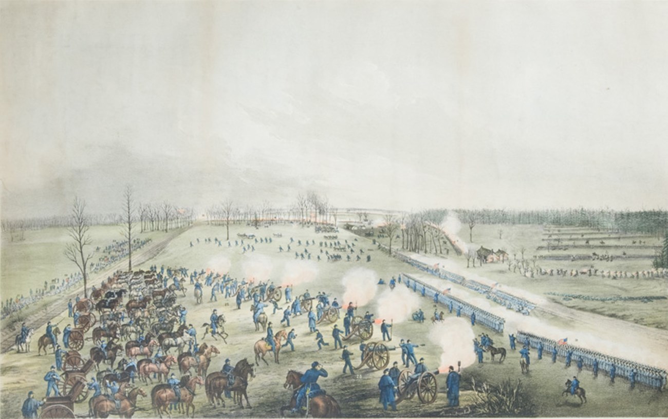 Color print showing Union artillery and infantry firing at Confederate troops across a road.