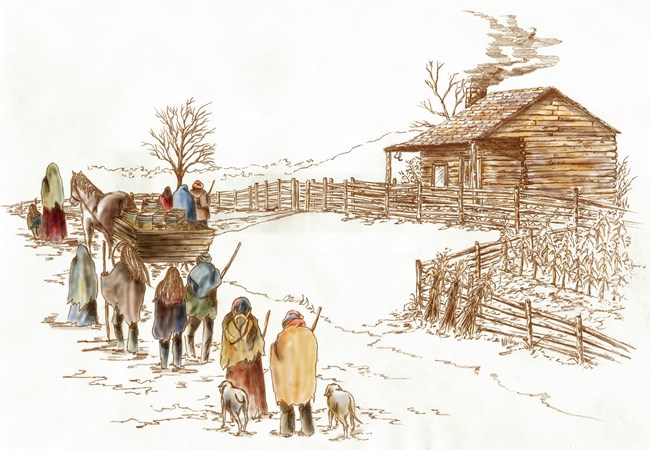 Cherokee people wrapped in blankets walking past a log cabin.