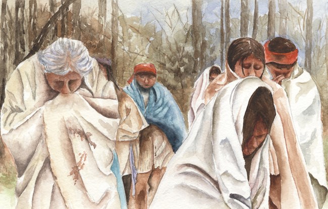 Watercolor of five Cherokee wearing blankets with heads down as they walk the Trail of tears.