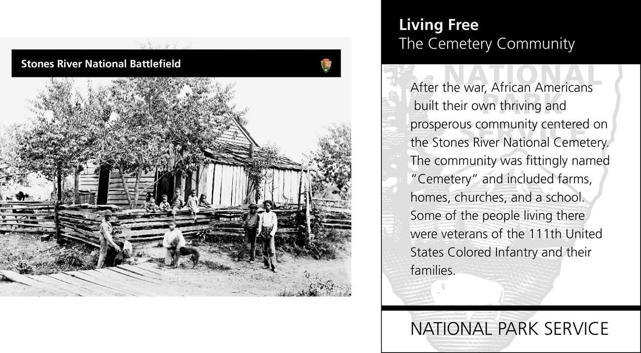 A black and white photo of a group of African American children, with some in front of a fence and some behind it. A house is in the background. Opposite is the text of the reverse side of the card.