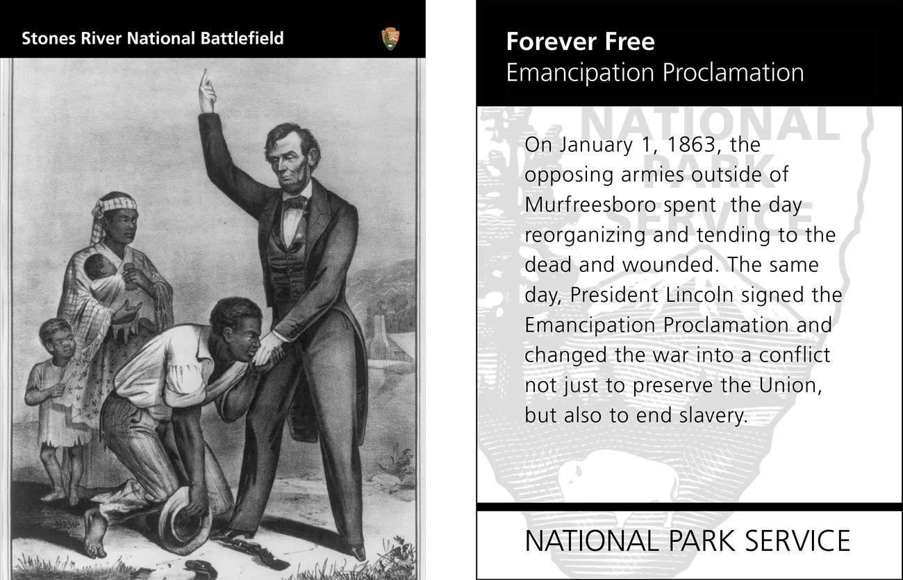 A drawing of Abraham Lincoln and an African American family. Text is on the back of the card.