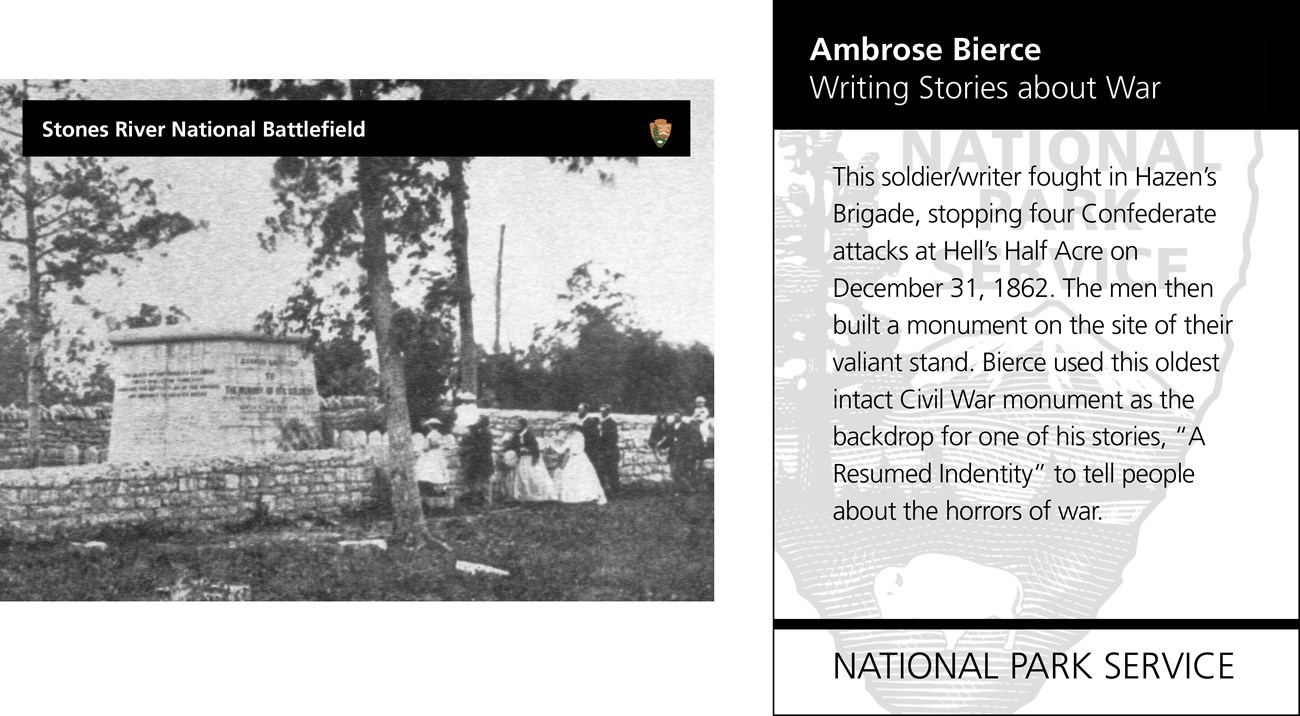 A black and white photo shows a cubed stone structure with a stone wall around it. People are seen standing inside and outside the wall. Opposite is the text of the reverse side of the card.
