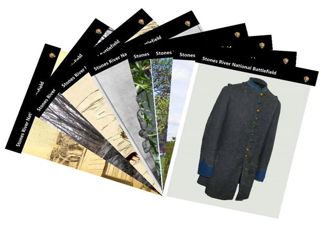 Trading cards showing various black and white photos and illustrations with a black bar at the top. The top card shows a Confederate coat.