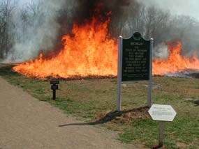 Prescribed fire behind the Michigan marker Prescribed fire behind the Michigan marker