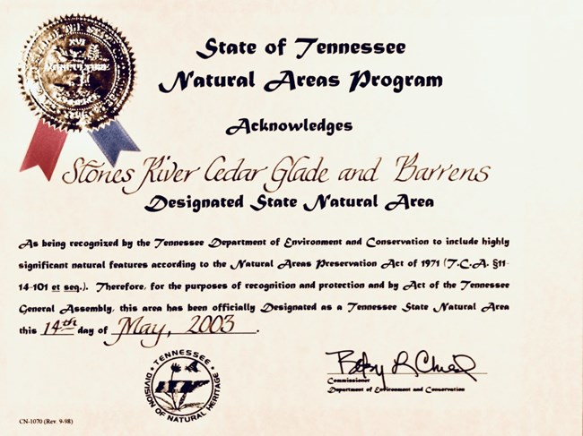 Certificate designating Stones River as a Natural area.