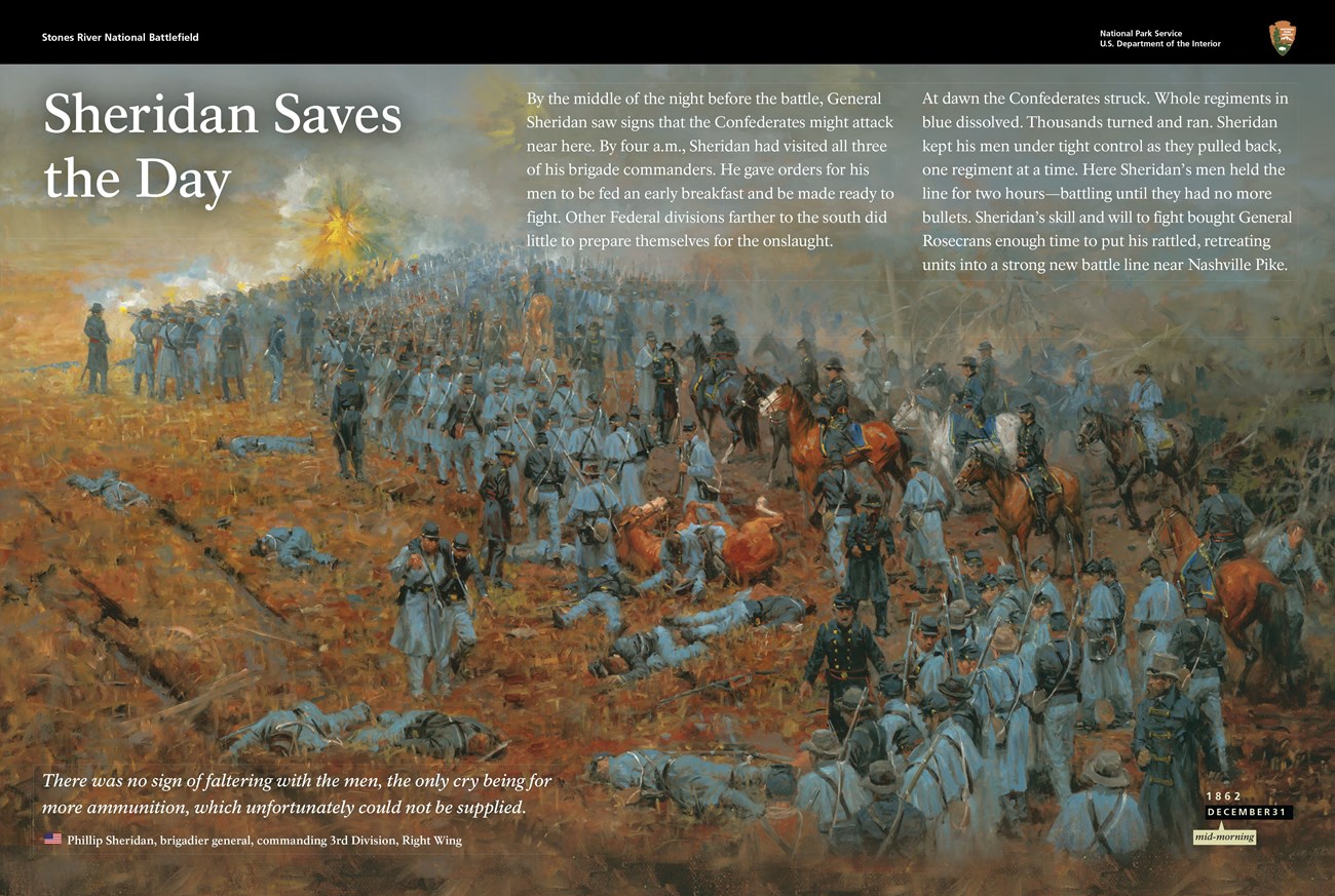 A wayside exhibit depicting a large formation of Union soldiers under attack with explosions overhead.