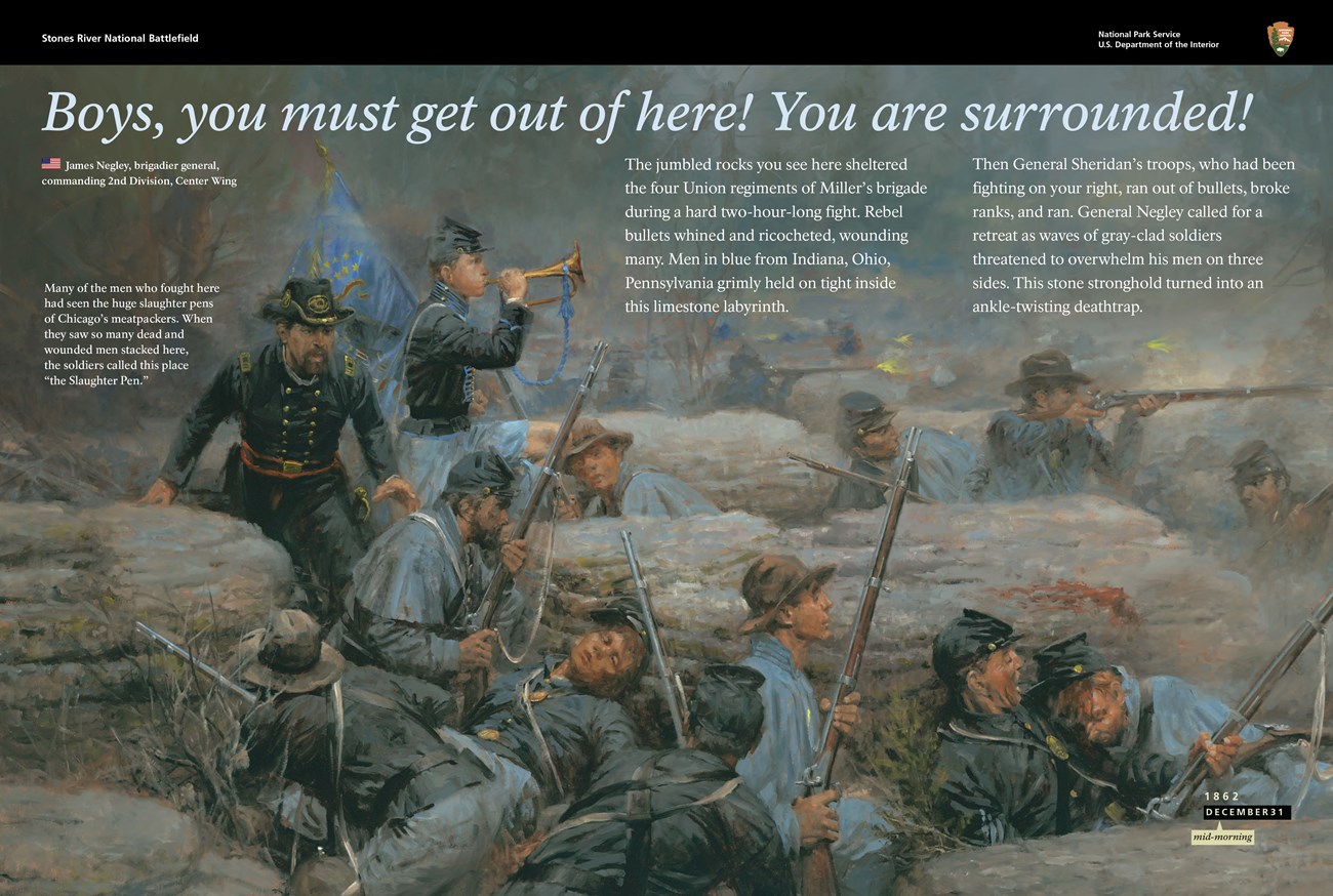 Wayside Exhibit depicting Union soldiers fighting from rock outcroppings. Some soldiers lie wounded or dead. An officer looks at his men while a bugler plays.