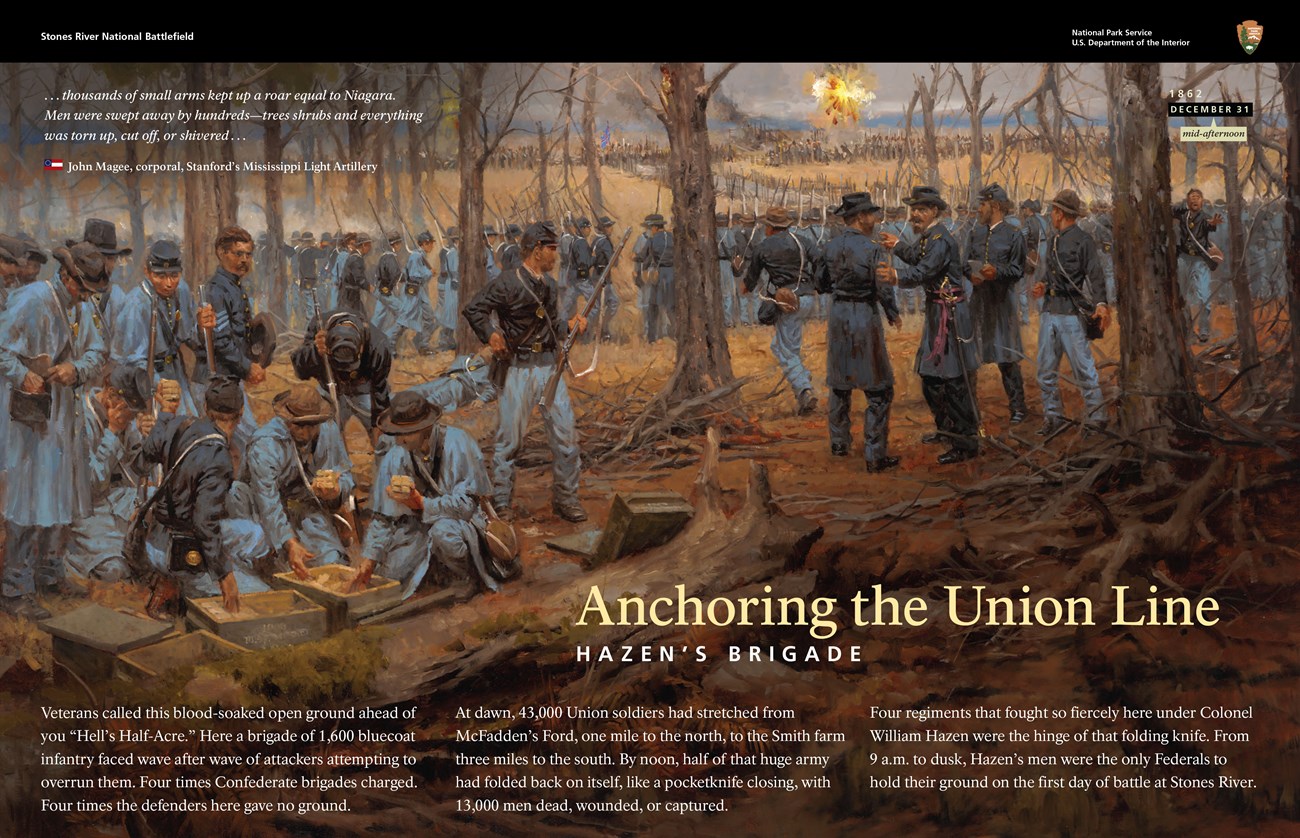 Painting viewing Confederates attacking across a field from behind a line of Union soldiers. Some men fill their cartridge boxes from crates in the foreground.