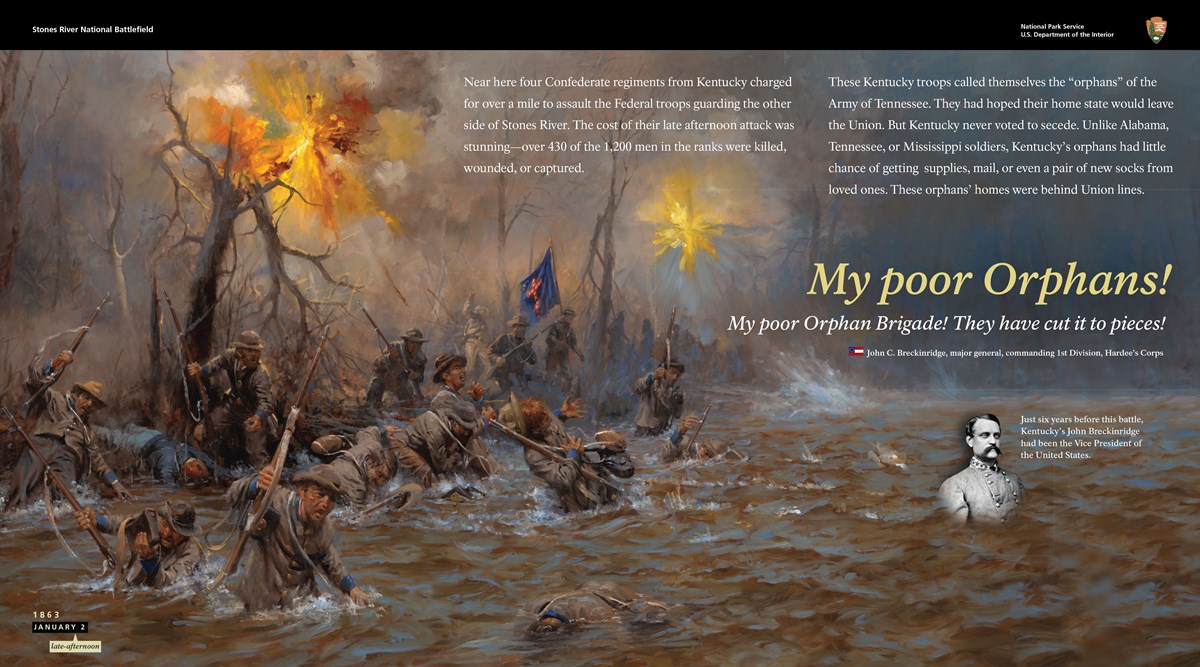 Exhibit with main image depicting Confederate troops wading through brown water. bodies lie face down in the water. Other men are falling. Explosions appear above the men.