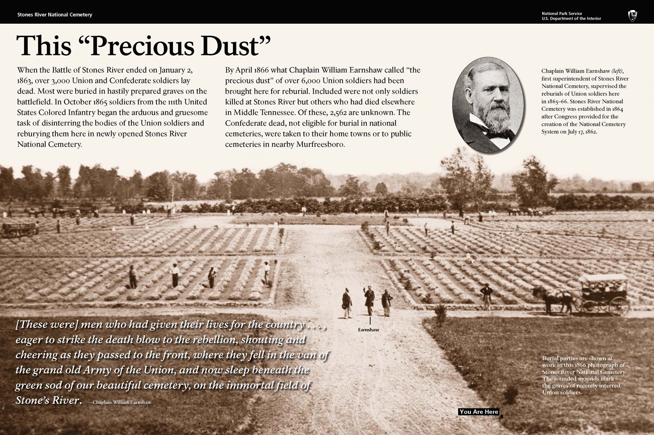 An exhibit showing a black and white photo of a cemetery with rows of earthen mounds and workers beside them. A black and white portrait of a man in a suit is in the top left corner.