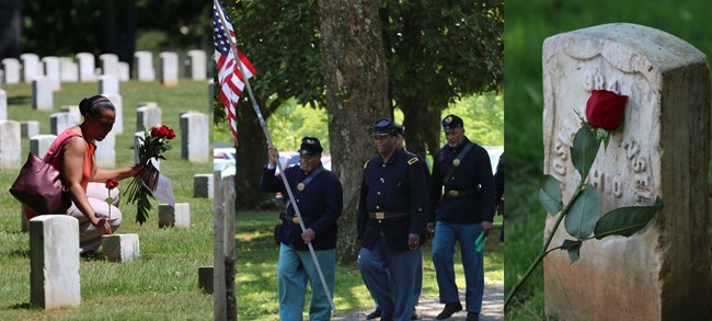 Three image photo- A woman places flowers at headstones, African American soldiers marching and a red rose leaned against a headstone