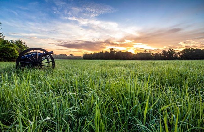 A cannon stands in a green field with the sun rising on the horizon. A cannon stands in a green field with the sun rising on the horizon.