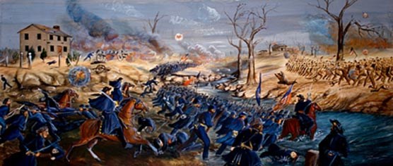 Painting of Union and Confederate soldiers fighting along a river.