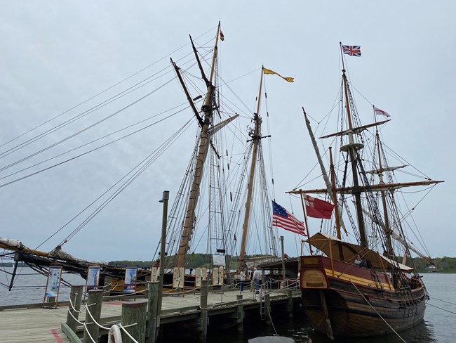 The Pride of Baltimore II historic schooner sits at the dock of Maryland Dove.