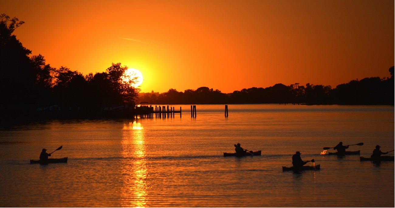 A sun is setting behind trees, over a river as kayakers paddle in the foreground