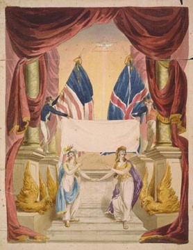 In an allegory of the Treaty of Ghent, signed on Dec. 24, 1814, Britannia and America hold olive branches before an altar. Sailors, holding British and American flags, hold an uninscribed banner; through drapes and pillars a dove flies out of a triangle.