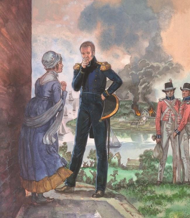 Illustration of a woman talking to a British solider while fires burn in the distance.