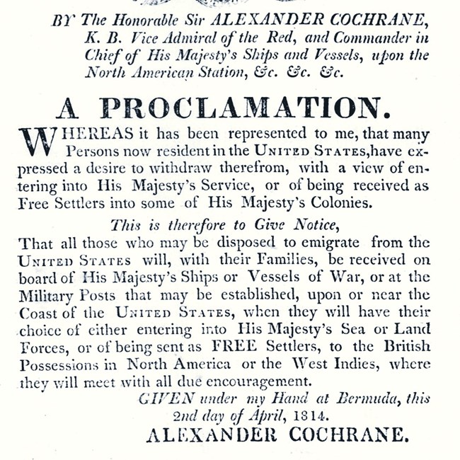 Proclamation issued by Admiral Alexander Cochrane, April 2, 1814.