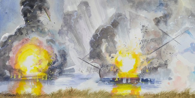 Illustration of two ships exploding.