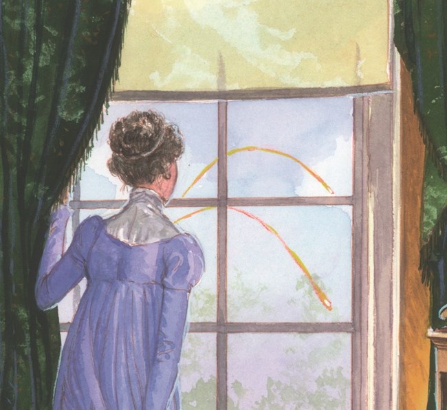 Illustration of a woman looking out of a window, seeing war rockets in the distance.