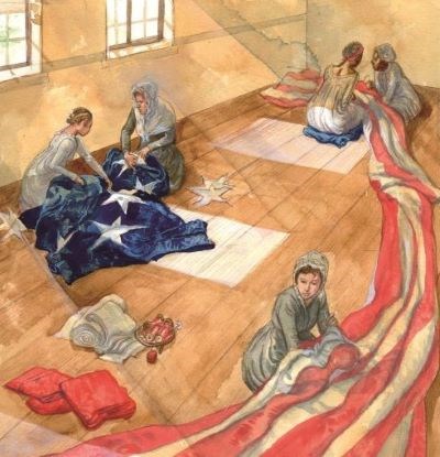 Illustration of a group of women sewing a large American flag.
