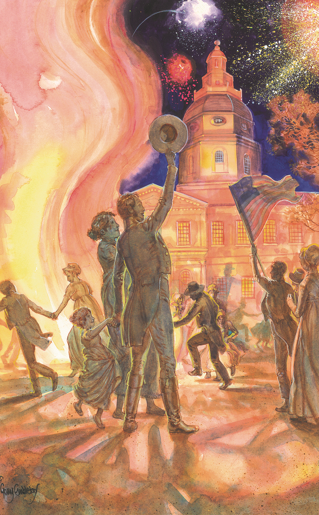 Illustration of a nighttime celebration in Annapolis following the end of the War of 1812.