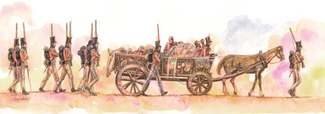 Illustration of troops walking with a wagon of supplies.