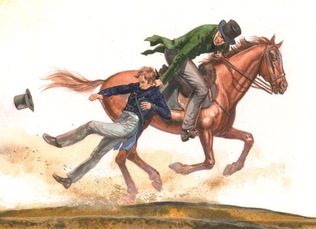 Illustration of a man riding a horse and grabbing another man who was standing by the back of his jacket.