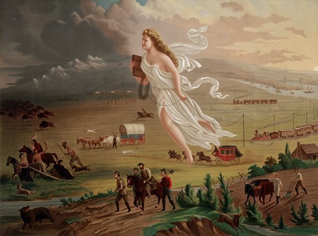 Allegorical painting of a female--Columbia--strings telegraph wire, leading American settlers while American Indians and animals flee.