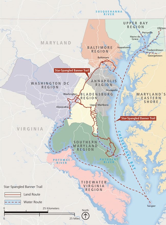 Map of the Chesapeake Bay with Star-Spangled Banner National Historic Trail regions hightlighted.