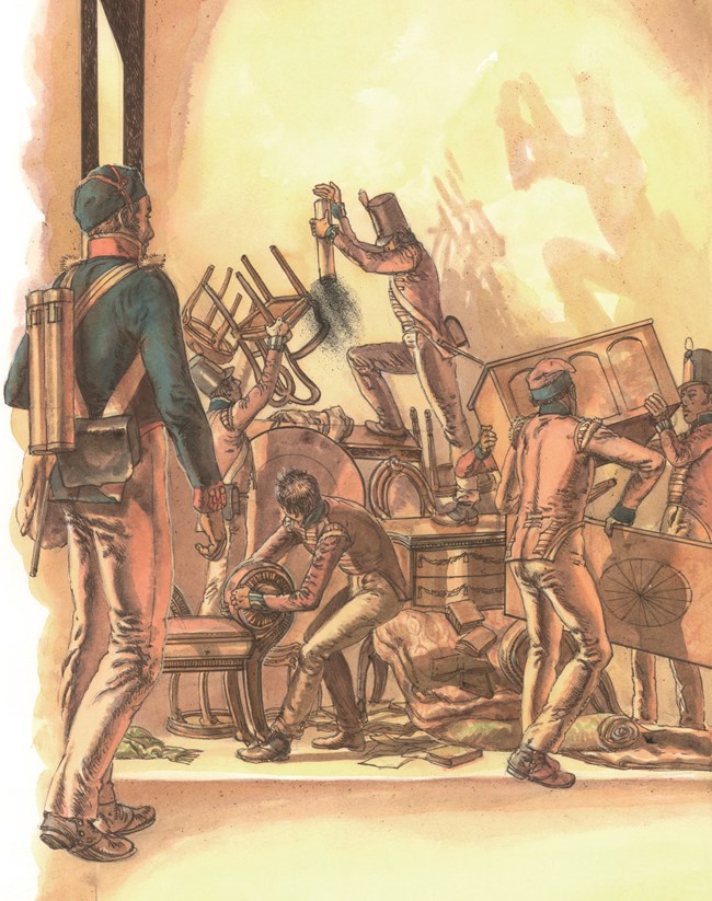 Illustration of soldiers stacking furniture in a pile while one soldier, standing above the pile, sprinkles black powder over the heap.