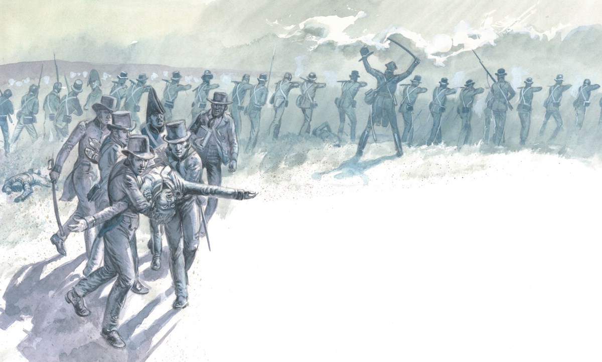 Illustration of an army fighting while five soldiers carry off their captain who has been killed.