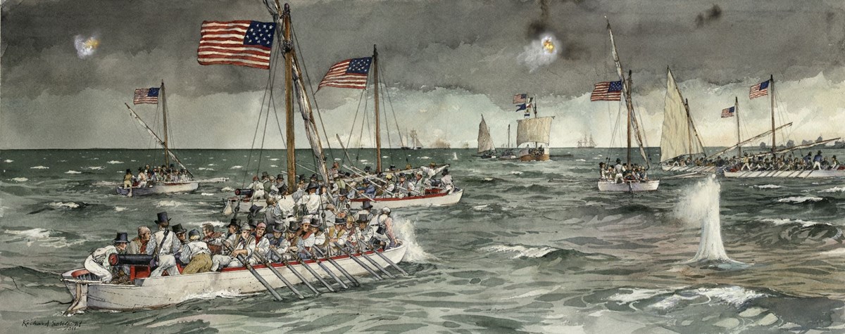 Six row boats flying the American flag sail to meet the British in a naval battle.