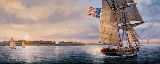 Painting of a large American schooner sailing by Fort McHenry.