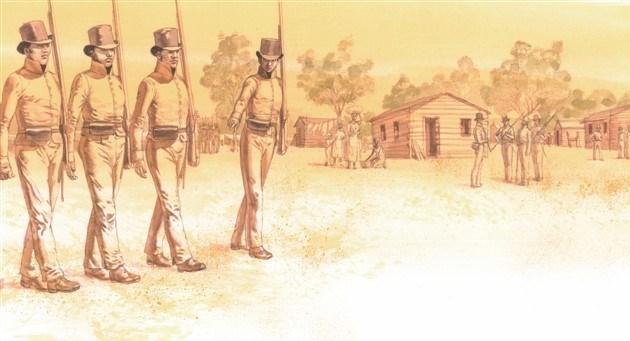 Illustration of a line of soldiers in training.