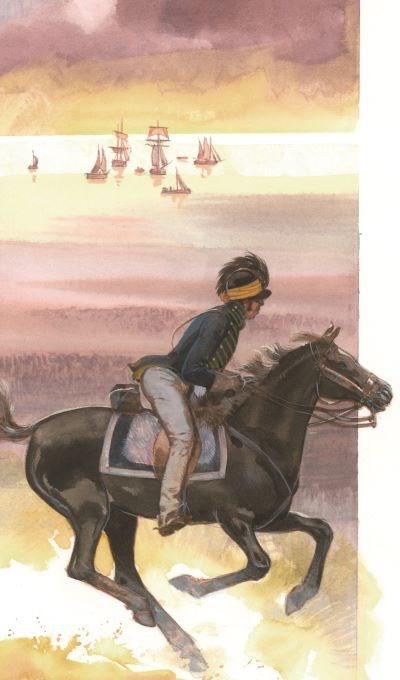 Illustration of a man riding a horse with ships in the background.
