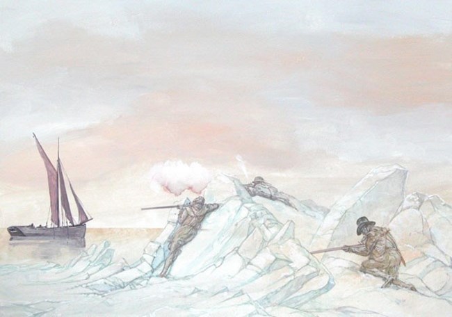 Three men stand on ice, shooting at a ship on the water.