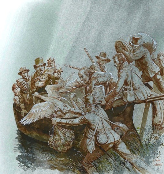 Illustration of a British soldiers filling a small boat with looted items.