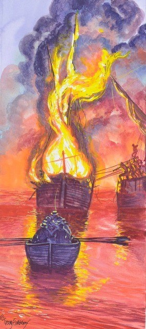 A wooden ship is set ablaze while two nearby ships paddle away from it.