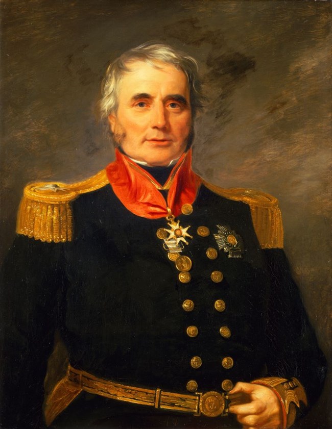 Oil painting of a man with grey hair, dressed in military uniform.