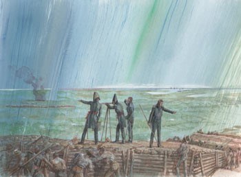 Illustration of four men standing atop earthworks, looking out over the area as smoke rises in the distance.