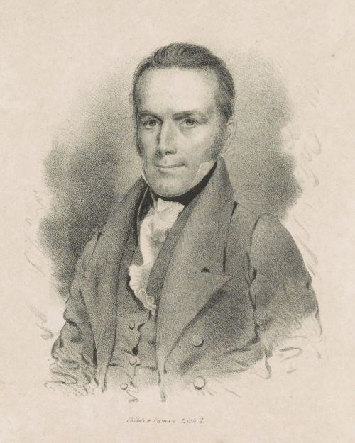 Black and white print of a man, half-length portrait, facing slightly left.