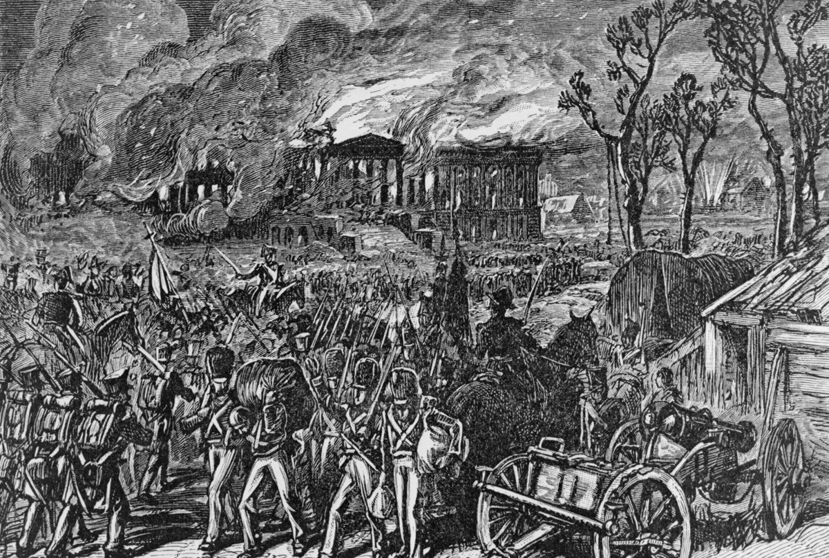 A black and white wood engraving of the burning of Washington.