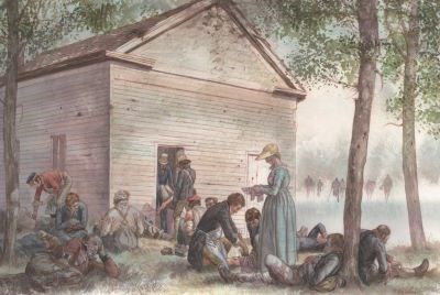 Illustration of people helping wounded soldiers outside a large wooden structure.