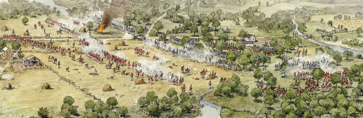Illustration of an aerial view of a battle with opposing troops in red and blue uniforms.