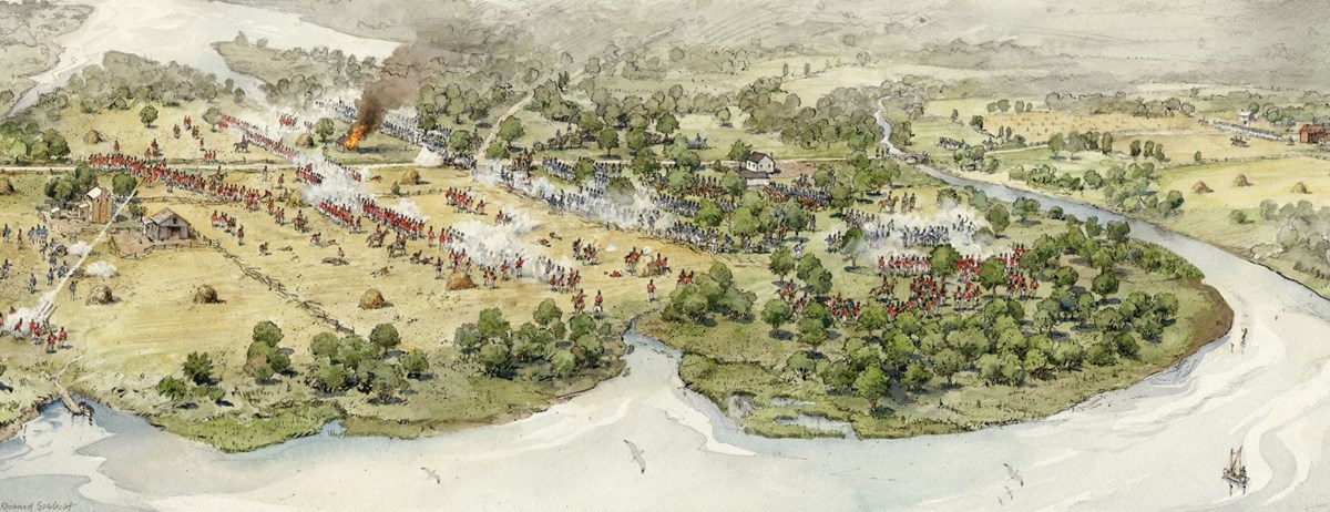 Illustration of an aerial view of a battle, with opposing troops in red and blue uniforms.
