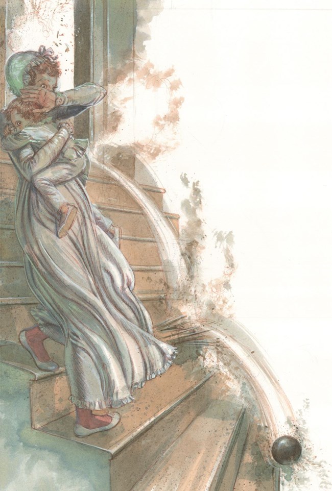 Illustration of woman walking down stairs, holding a baby, watching a black cannon ball bounce down in front of them.